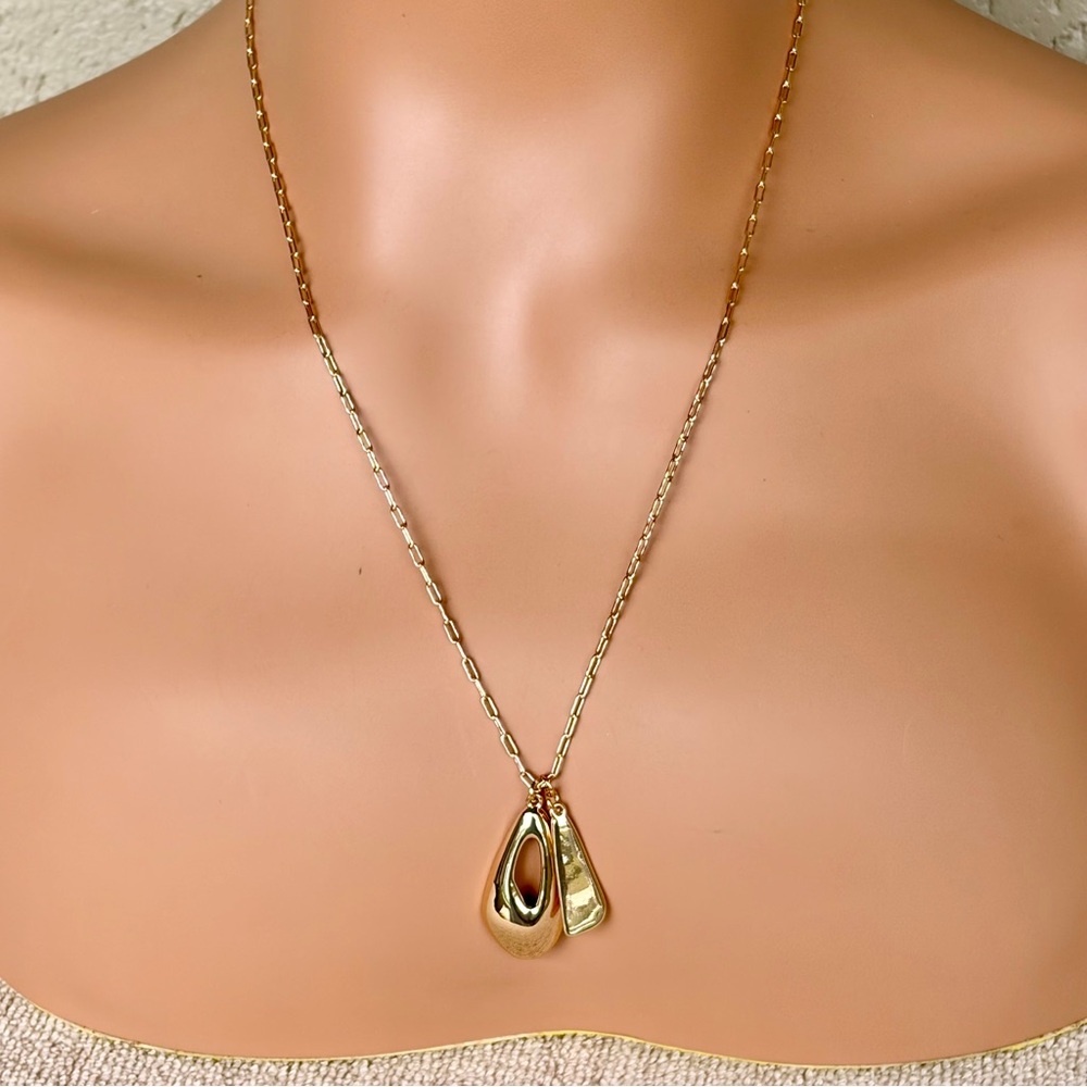 Stylish Paper-Clip Chain Gold Double Pendant Necklace*